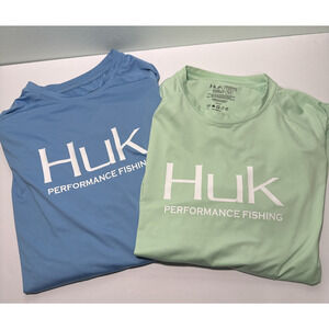 Huk Fishing Shirt Mens Med Performance Crew Long Sleeve T Shirt Blue/Green Lot 2